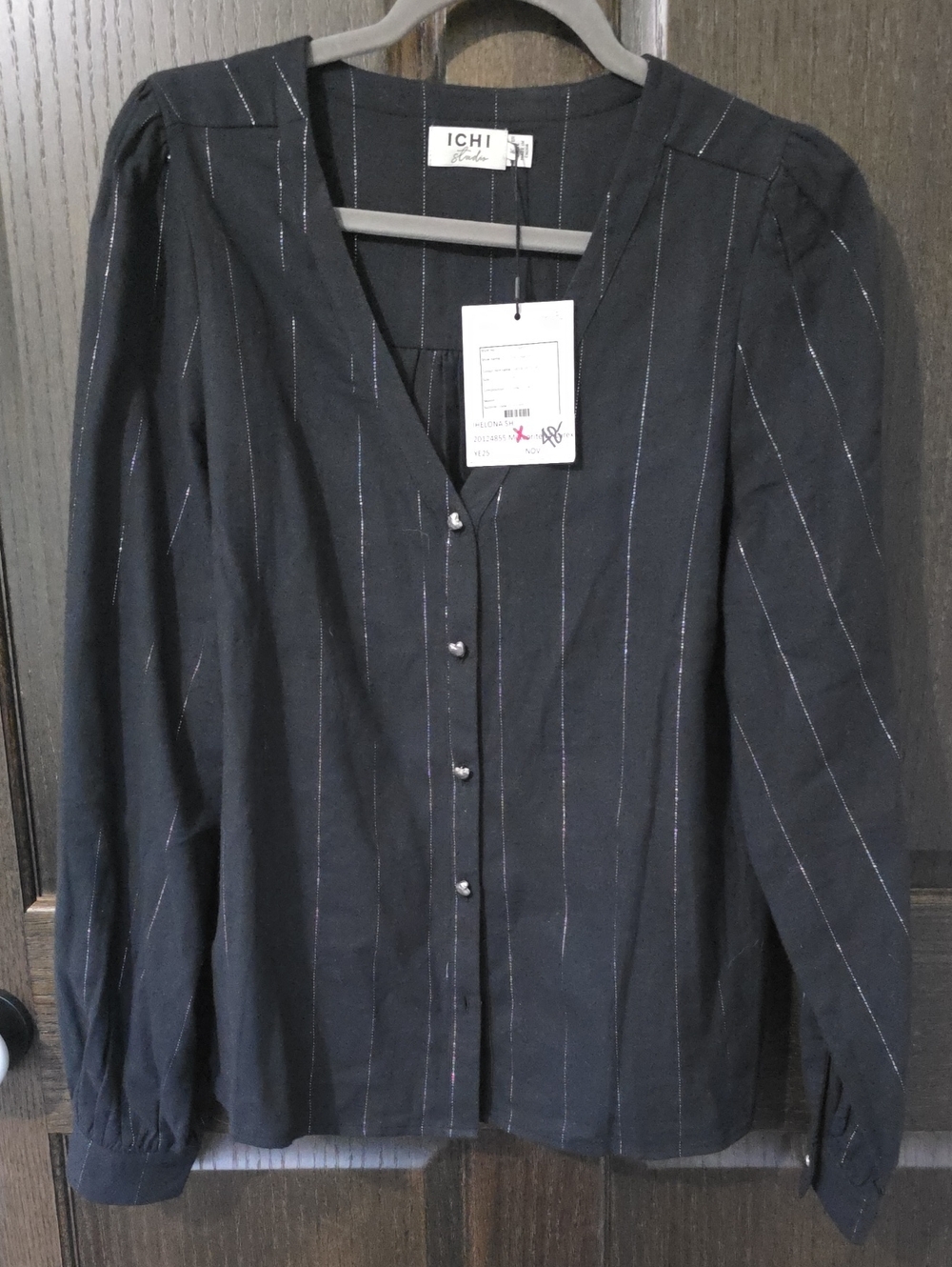 ICHI Black Pinstripe Button-Down Top with Shimmer